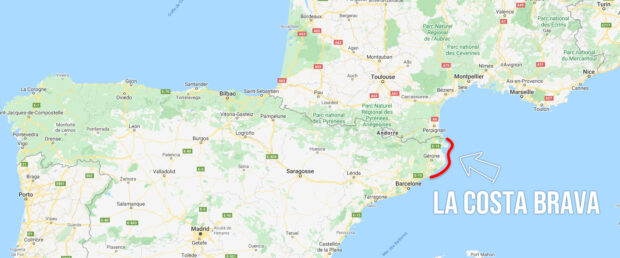 La Costa Brava en Espagne sur une carte